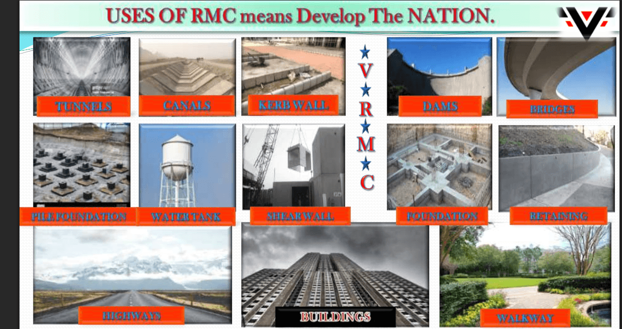Uses of RMC means Develop The Nation — Tunnels, Canals, Kerb Wall, Dams, Bridges, Foundations, Highways, Buildings